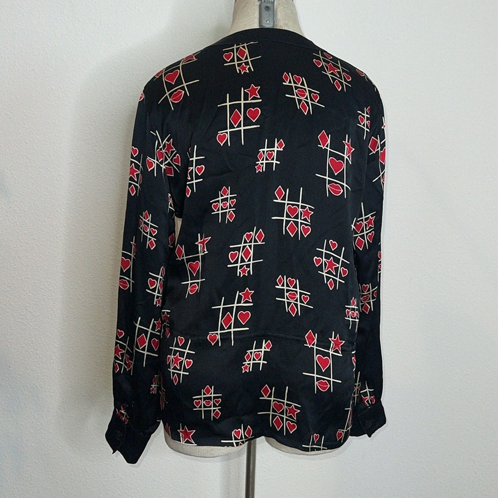 Escada Silky Tic Tac Toe Blouse with Mandarin Collar and Drawstring Waist - Picture 2 of 5
